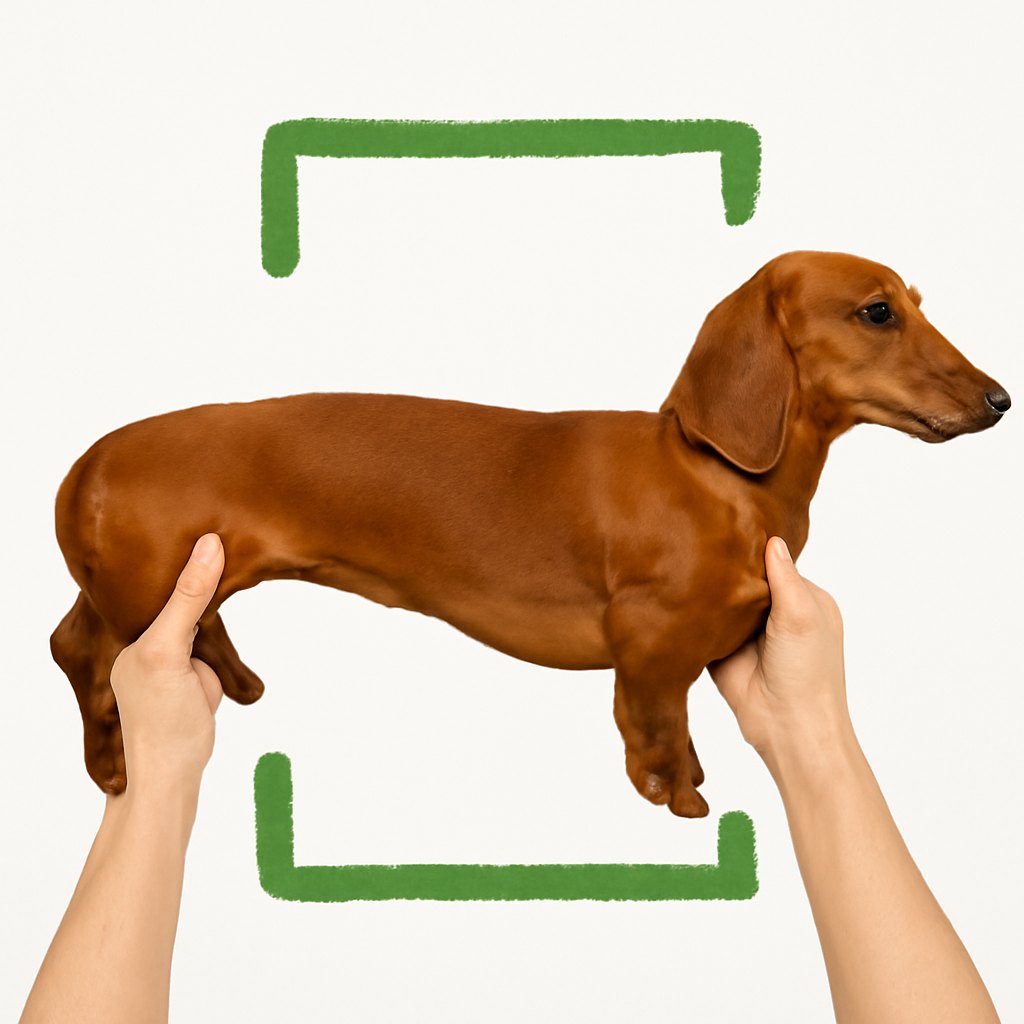A smooth red dachshund held horizontally by two hands, stretched across the full width of the frame, with two thick green brackets rotated onto their sides, one above its back and one below its belly, on a flat white background